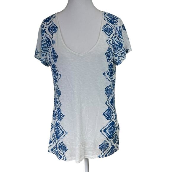 Lucky Brand V Neck Tee Aztec Print Blue White Size Medium - Picture 1 of 7